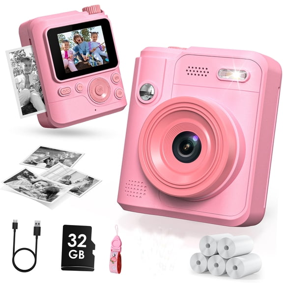 Gofunly Pink Kids Instant Print Camera 1080P Digital Camera for Kids 2.4 Inch Built-in Battery with Thermal Printing Paper Color Pens Neck Strap 32GB TF Card Birthday Festival Gift