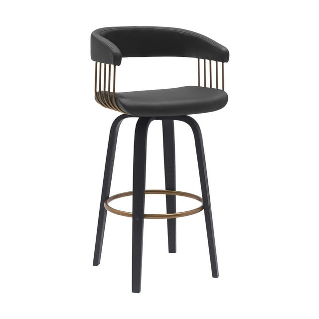 Maya 31 Inch Swivel Barstool Chair, Black Faux Leather, Bronze Metal Slats