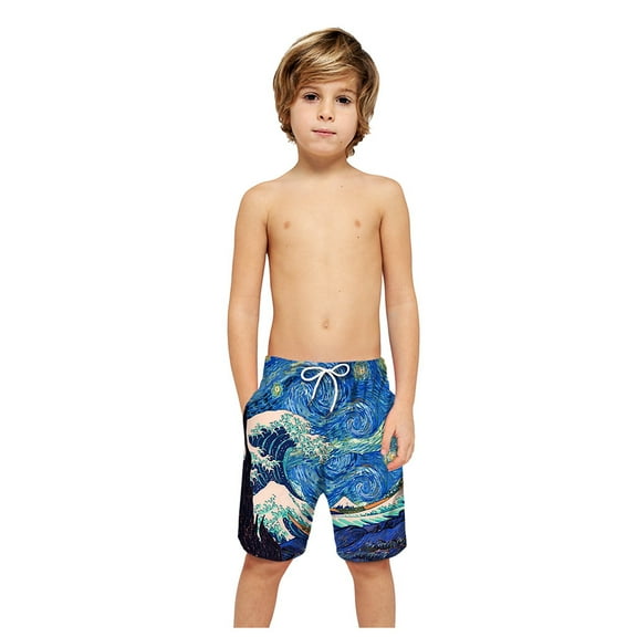 Boys Beach Swim Trunks Quick Drying 3D Print High Waist Drawstring With Pockets Kids Board Shorts Size 11-12 Years