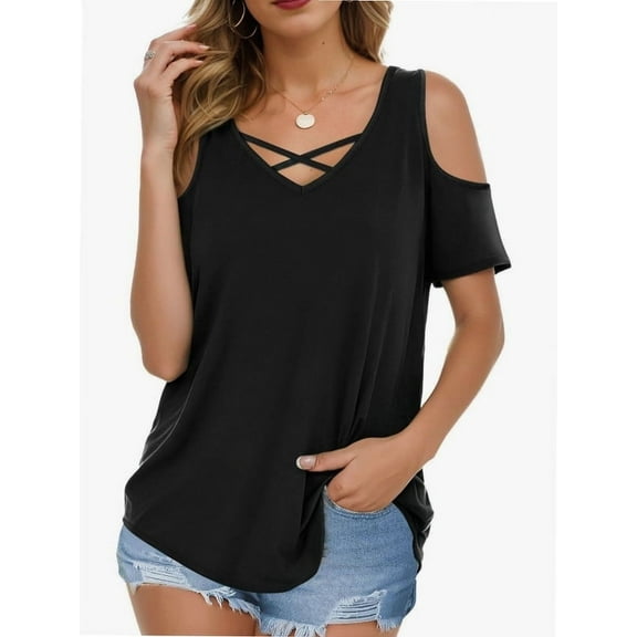 V Neck Criss Cross Cold Shoulder Tops Blouse for Womens