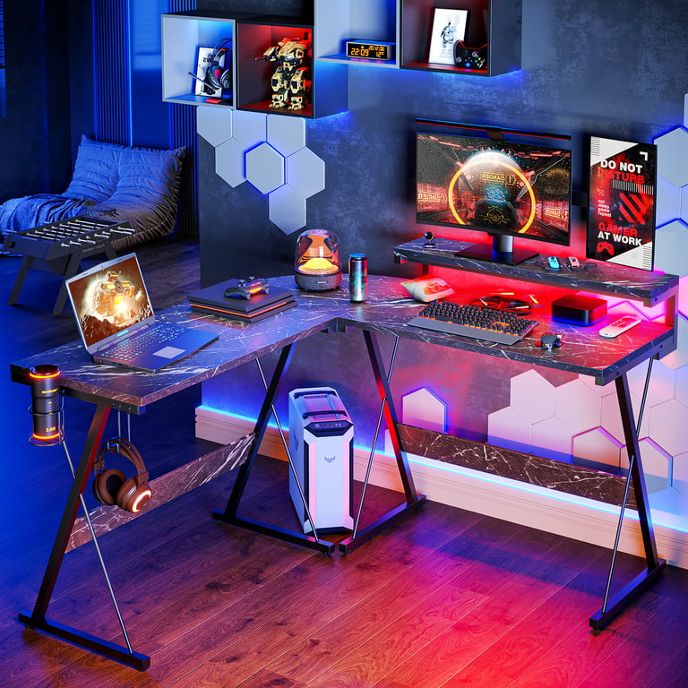 Bestier 55 inch L-Shaped Gaming Computer Desk with Monitor Stand Home  Office Corner Desk Black Marble