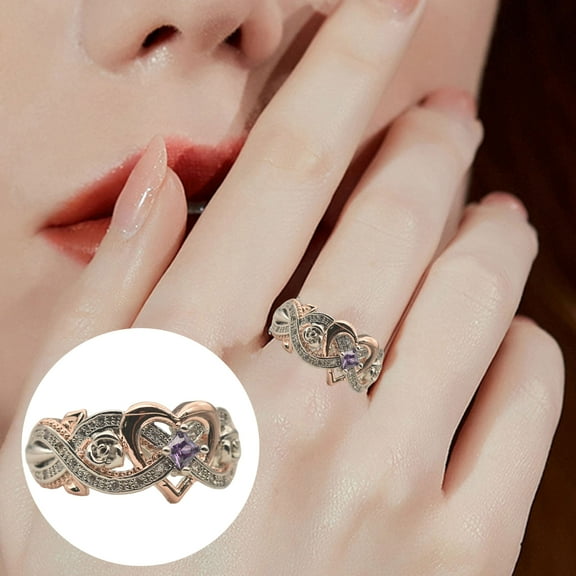 Opvise Women Ring Shiny Rhinestone Inlaid Electroplating Geometric All-match Decoration Cubic Zirconia Rose Flower Design Ladies Heart Ring Jewelry for Daily Wear