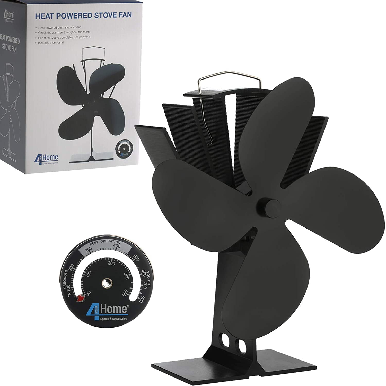 Silent Eco Stove Fan Galafire Stove Fan for Wood/Log Burner,Heat Powered Circulates Warm/Heated Air Stove Thermometer Fireplace Fan 4 Blades Black 