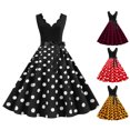 thumbnail image 6 of Quixlent Women Midi Dress Flower Edge V Neck Lace Up Tight High Waist Bow Decor Sleeveless A-line Loose Hem Dot Print Retro 50s 60s Lady Backless Prom Party Dress, 6 of 8