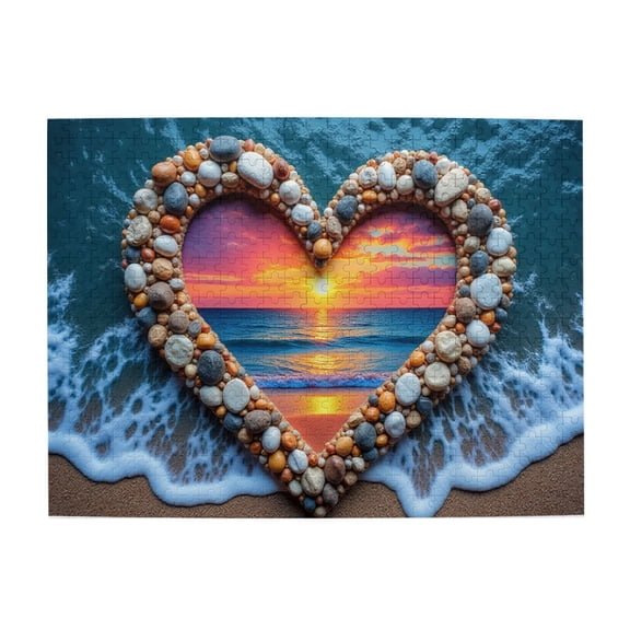 500 Pcs Ocean Sunset Heart Jigsaw Puzzle Beach Stones Frame Relaxing Challenging Adult Puzzle Vibrant Colors Unique Artwork Great Gift Idea For Family Friends Men Women Elders Birthday Gift