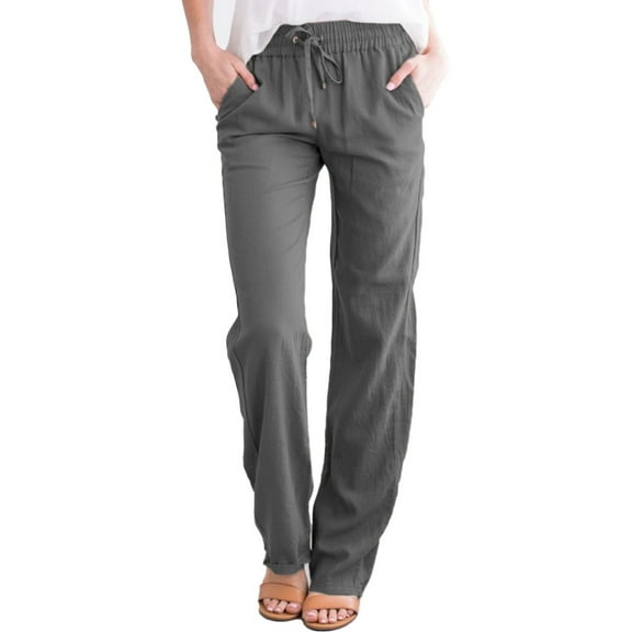Women Casual Cotton And Linen Solid Drawstring Elastic Waist Long Straight Pants