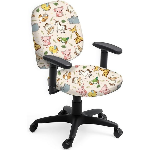 Computer Office Chair Covers Cartoon Animals Print Chair Covers 2pcs Farmland Inhabitants Rotating Swivel Chair Slipcover Stretchable Anti-Dust Chair Protective Slipcover for Women Men