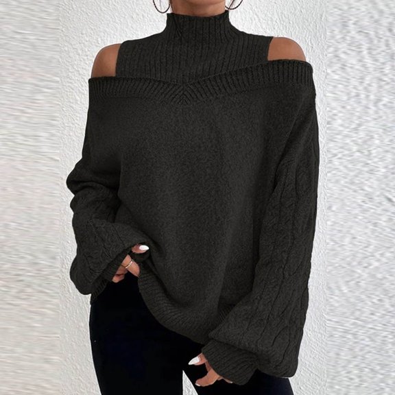 Blmnix Ladies Off The Shoulder Plus Size Sweaters Long Sleeve Turtleneck Black Fashion Clothing