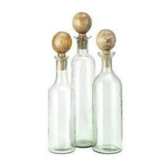 CC Home Furnishings Slim Glass Bottles with Wooden Stopper - 17.75" - Set of 3