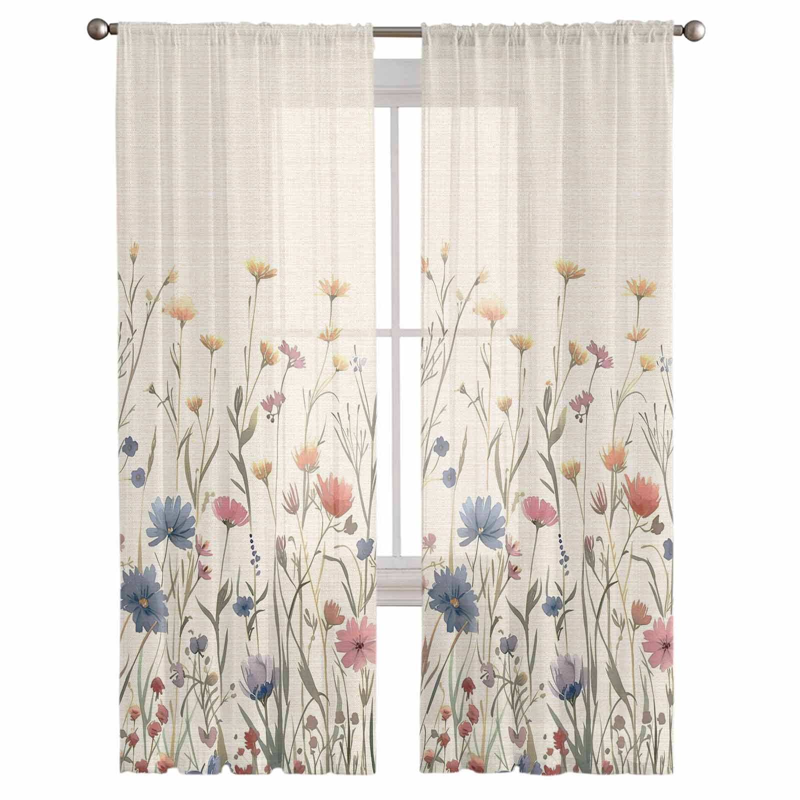 Sheer Curtains 72 inches Long, Floral Watercolor Leaves Colorful Daisy Linen Background Light Filtering Sheer Window Curtains Rod Pocket Voile Drapes for Bedroom Living Room, 52"W x 72"L 2 Panels