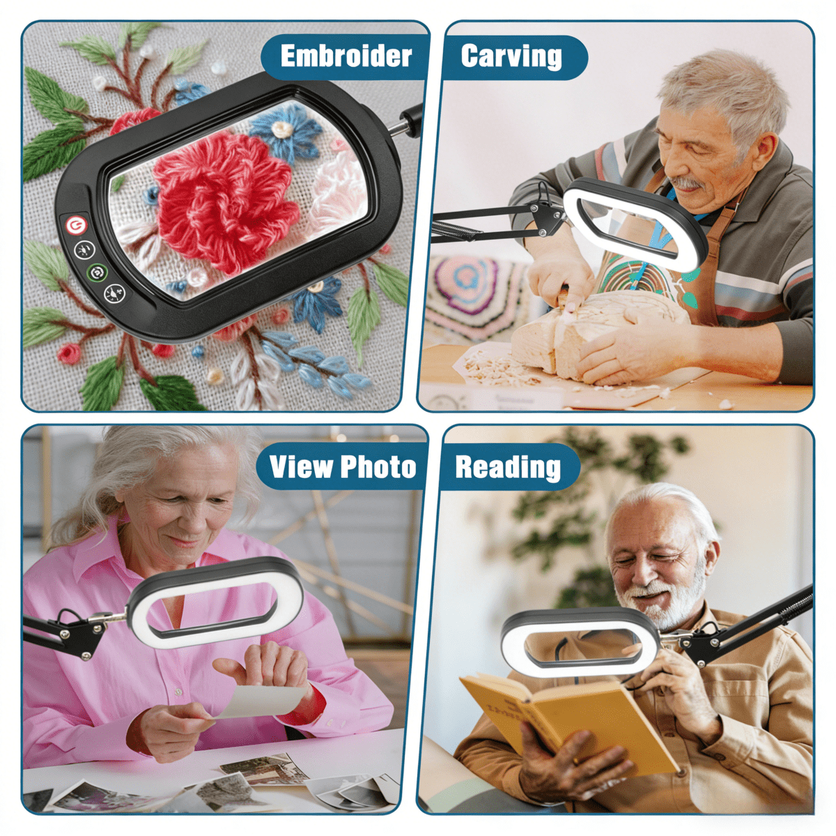 Magnifying Glass with Light and stand, Rectangle Real Glass Lens, Large 2 by 16 inch Swivel Arm LED Lighted Clamp Desk Lamp, 5 Color Modes Dimmable, Magnifier for Reading Painting Craft Close Work