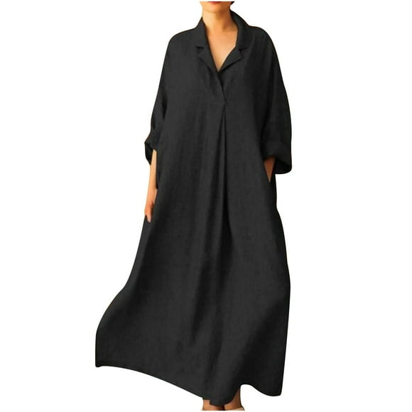 Cotton Maxi Dress for Women Clearance Solid Retro Boho Clothing Beach Long Sleeve Button Tiered Ruffle Swing Vacation Summer Round Neck Sundress Black L