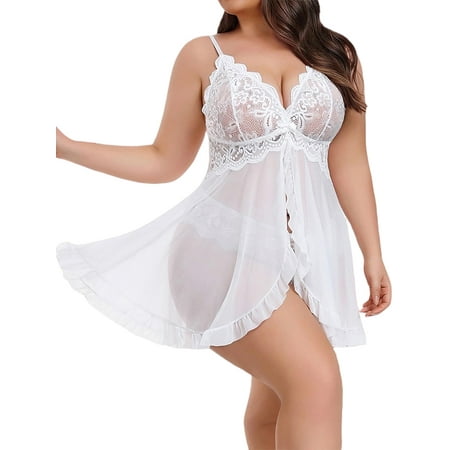 LapaPlus Plus Size Lingerie Sets for Womens XL-5XL Lace Slit Hem Chemise Nightdress with Panty