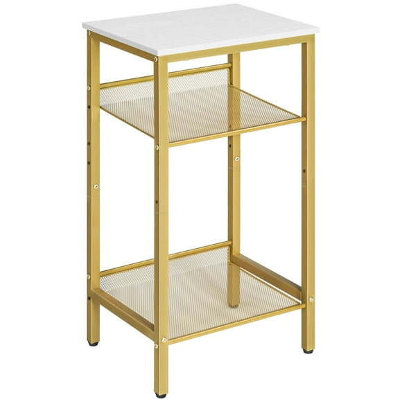 HOOBRO Side Table, 3-Tier End Telephone Table with Adjustable Mesh Shelves, for Office Hallway or Living Room, Modern Look Accent Furniture, Tall and Narrow, White and Gold DW01DH01G1