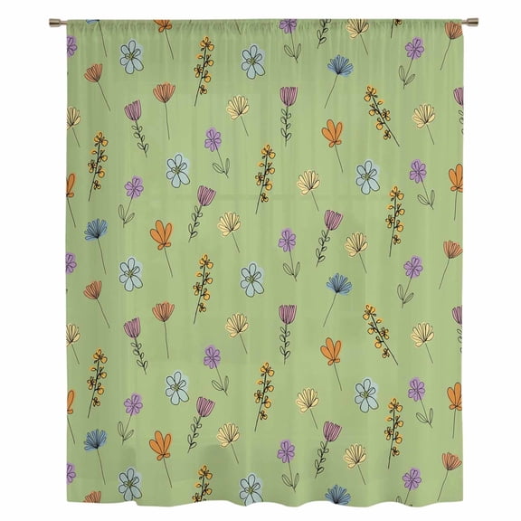 Spring Flowers Sheer Curtains 96" Long, Pink Yellow Wildflowers Country Plants Green Light Filering Curtains, Privacy Drapes Simi Floor to Veiling Curtain for Living Room Large Window Treatment
