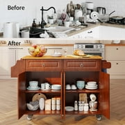 Kitchen Island with Storage, Lofka 52 Kitchen Islands Cart with Wood Drop Leaf and Lockable Wheels, Brown