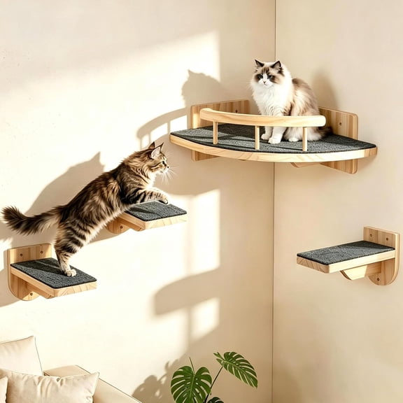 VavoPaw Cat Wall Shelves with 3 Steps, Corner Cat Shelf Set Up to 29lbs | Natural Wood Walls Mounted Cats Stairs with Cozy Perch for Small/Medium Cats, Indoor Sleeping, Jumping, Playing