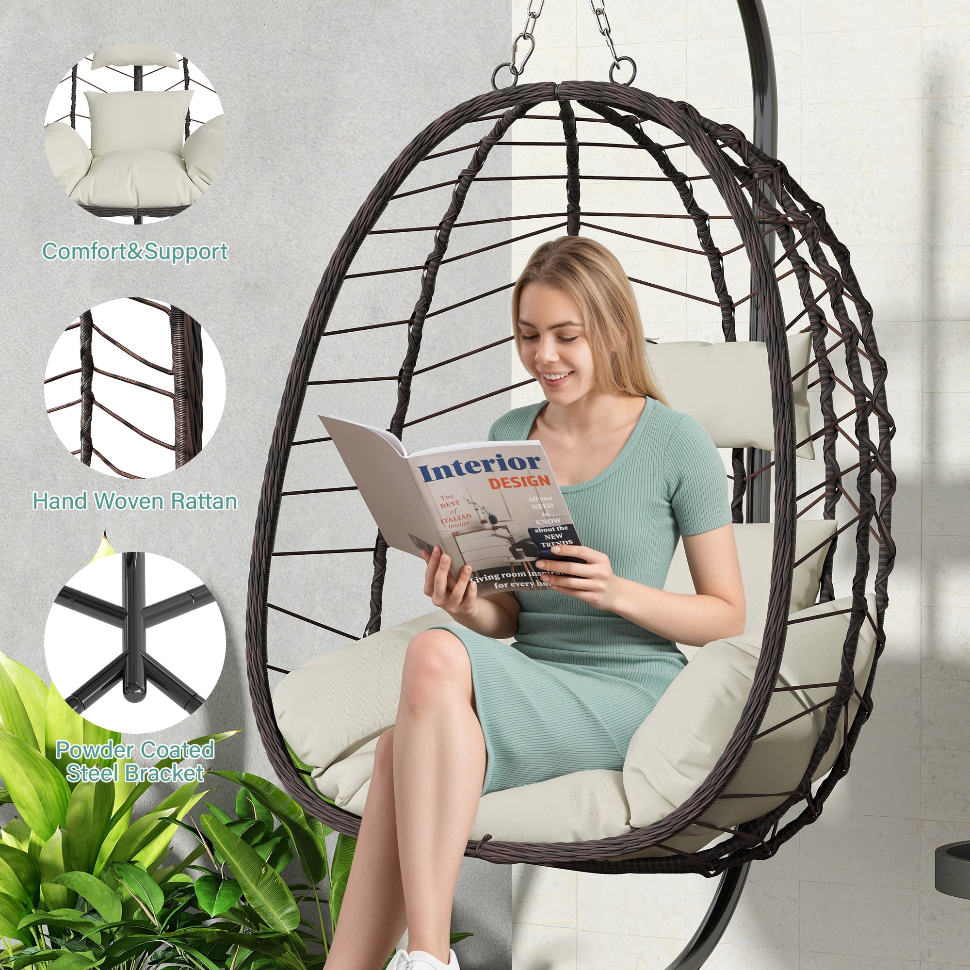 Egg Chair with Stand, Patio Wicker LHBcraft Hanging Chair, Hammock Swing Chair, 350LBS Capacity for Bedroom, Balcony, Garden(BR-BE)