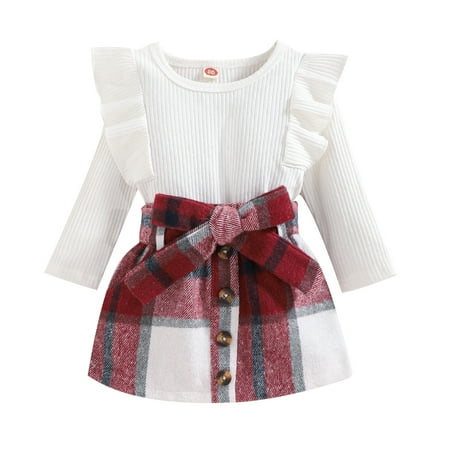 

Jdefeg Sweat Suits for Teen Girls Kids Toddler Baby Girls Autumn Winter Plaid Cotton Long Sleeve Ribbed Shirt Tops Ruffle Bow Button Skirts Set Clothes Bows Twin Girls Cotton White 110