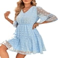 thumbnail image 4 of Femmes Midi Robe Manches Courtes V Cou Jacquard Solide Robe d'Été, 4 of 9
