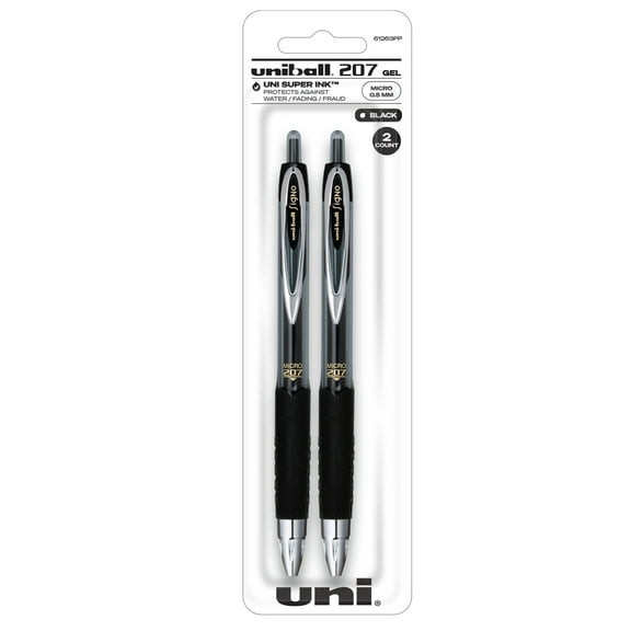Uniball 207 Retractable Gel Pens, Micro Point (0.5mm), Black Ink Gel Pens, 2 Count