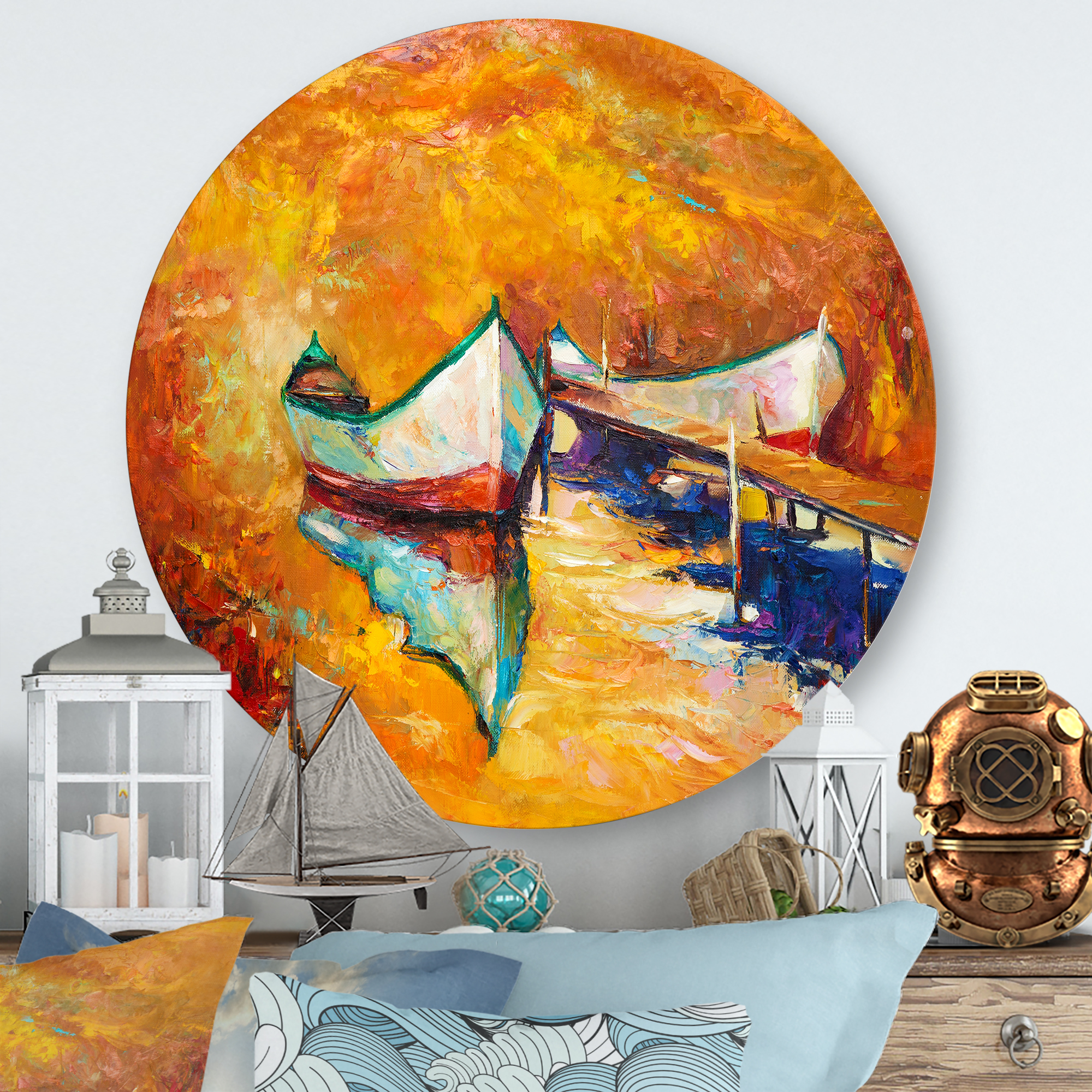 Little Boat During Warm and Orange Evening 11 in x 11 in Painting Art Prints, by Designart