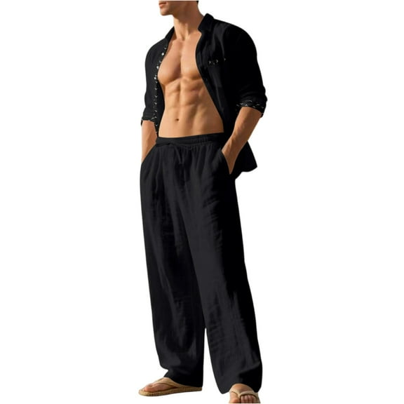 Men's Big & Tall Linen Set | Old Money Shirt, Loose Long Sleeve & Pants Breathable Lightweight Linen | Classic For Vacation, Casual & Daily