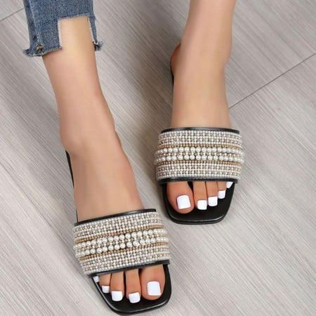 

AXXD Black Wedge Sandals for Women 8.5 Summer Slide Ladies Outdoor Pearl Chain Soft Sole
