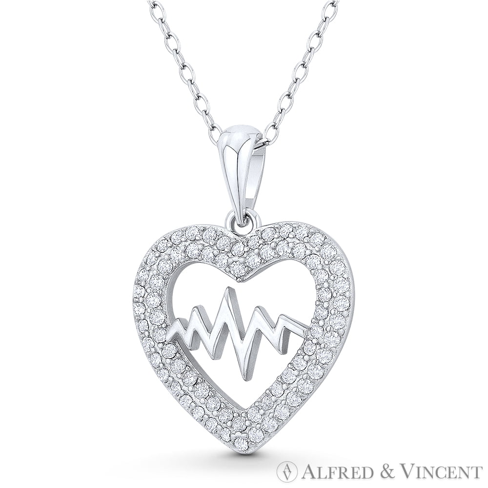 Double-Heart CZ Crystal Love Charm .925 Sterling Silver Rhodium Necklace Pendant 