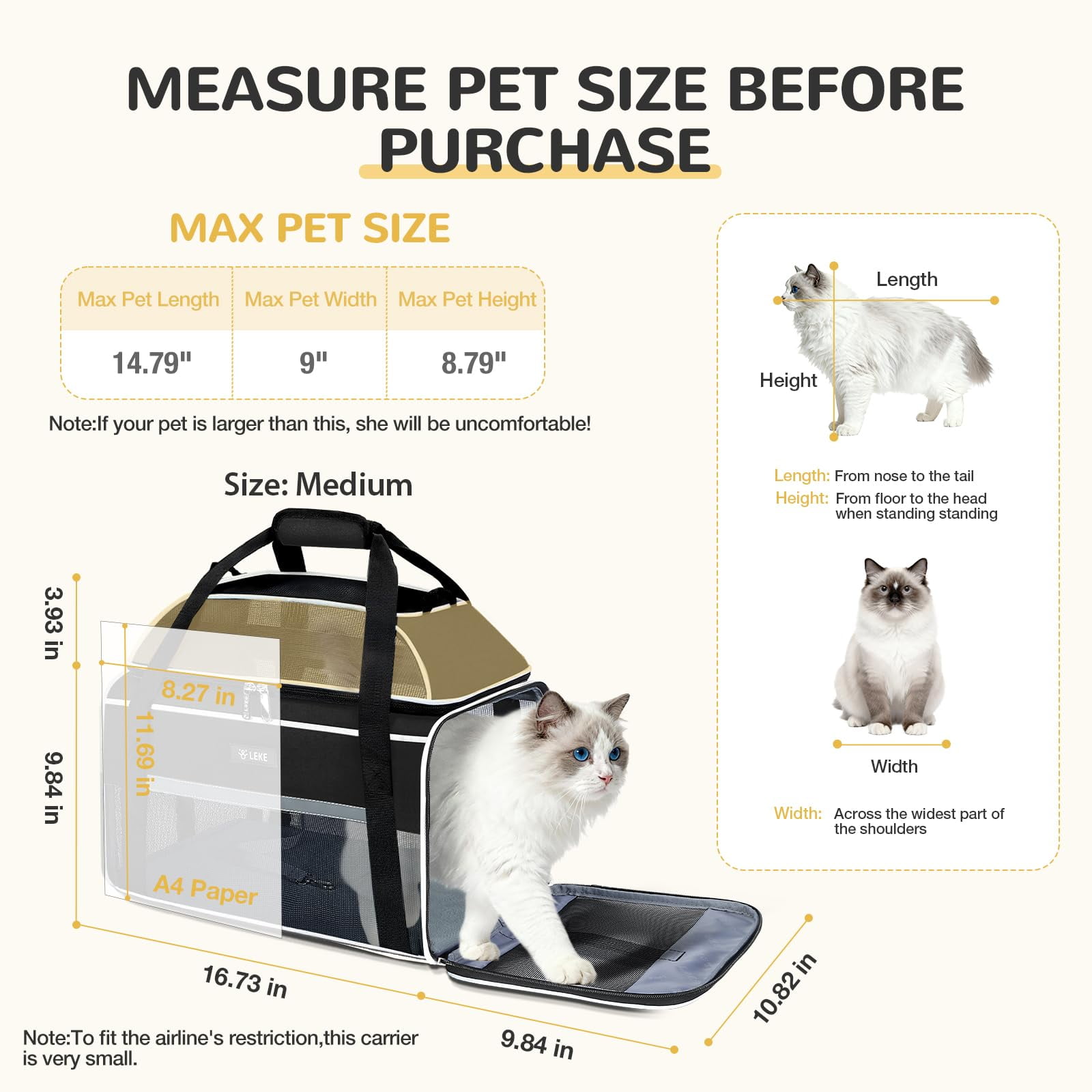 Top-Expandable Pet Carrier 17x11x9.5 Inch Alaska Hawaiian Airline Approved Soft Sided Underseat to 12lbs Travel Carriers for Small Cats and Dogs with Locking Safety Zippers Anti-Scratch Mesh