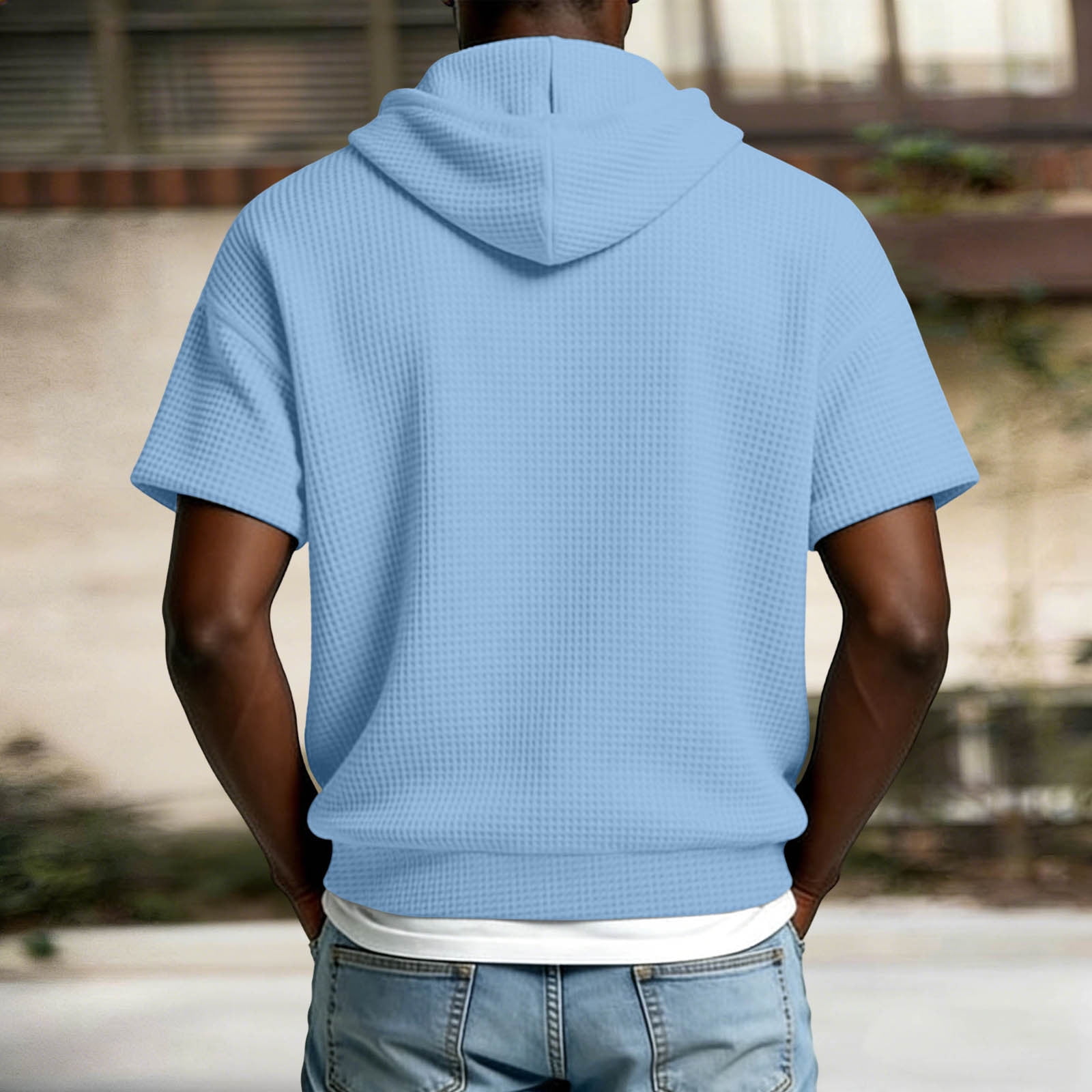 KIHOUT Men's Solid Color Waffle Texture Short Sleeve Hoodie Half