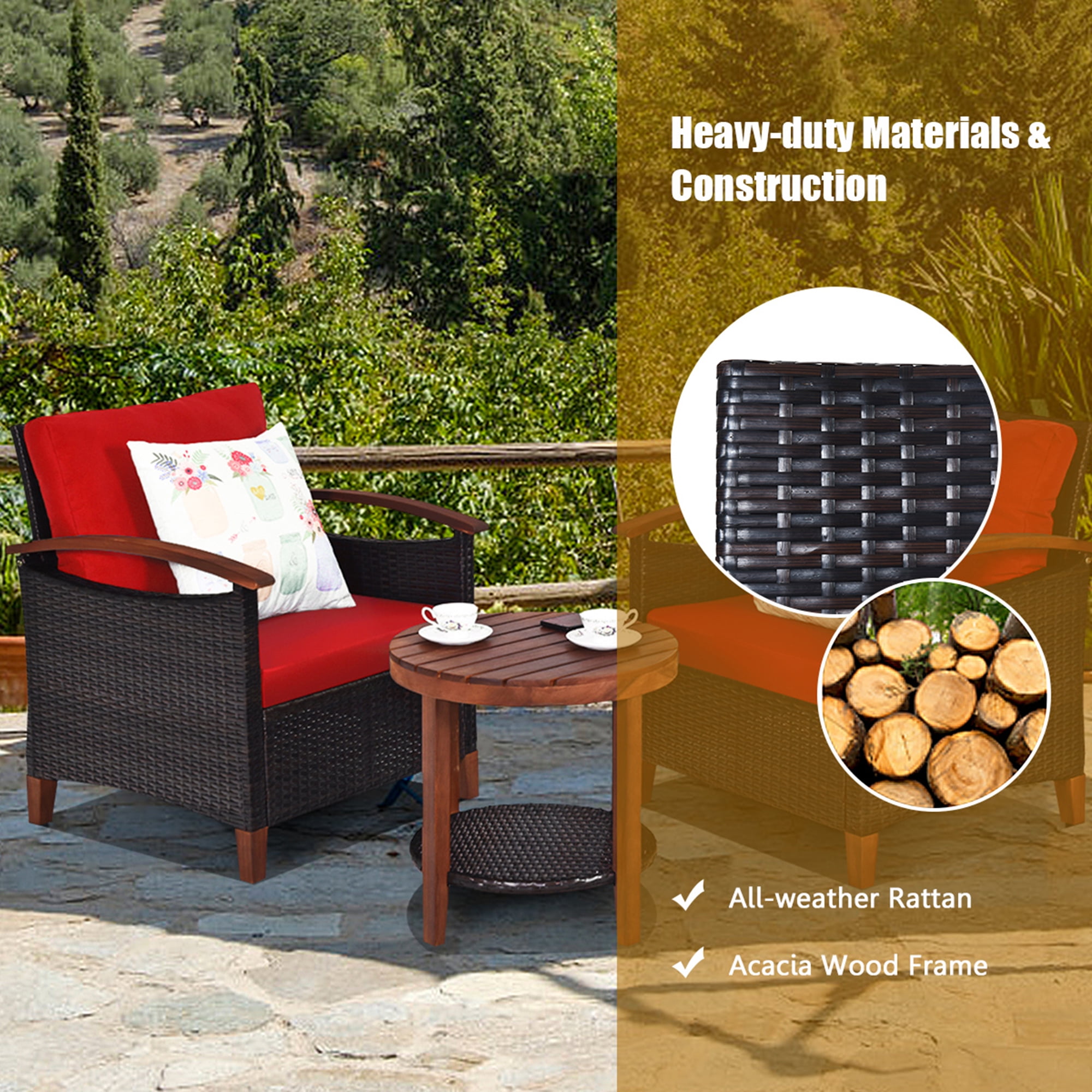 Gymax 3PCS Patio Wicker Rattan Conversation Set Outdoor Furniture Set w/ Red Cushion