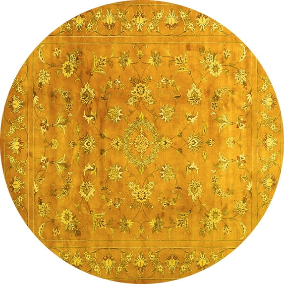 Ahgly Company Machine Washable Indoor Round Abstract Yellow Contemporary Area Rugs, 3' Round
