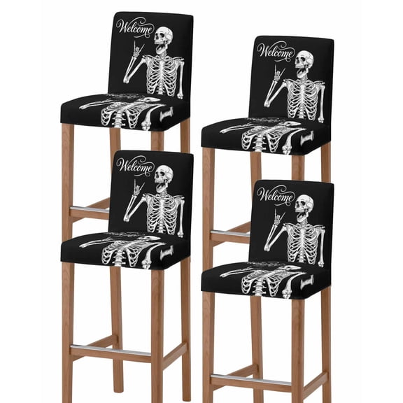 Halloween Skeleton Bar Stool Covers Set of 4, Fall Spooky Horror Skull Black Stretch Washable Bar Chair Covers with Backs, Removable Pub Counter Height Chair Cover for Kitchen Dining Room Cafe