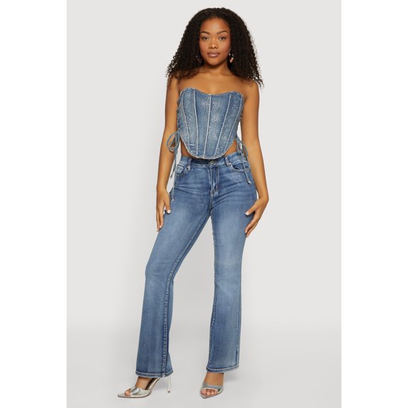 Women's Rhinestone Denim Side Lace Up Corset Crop Top
