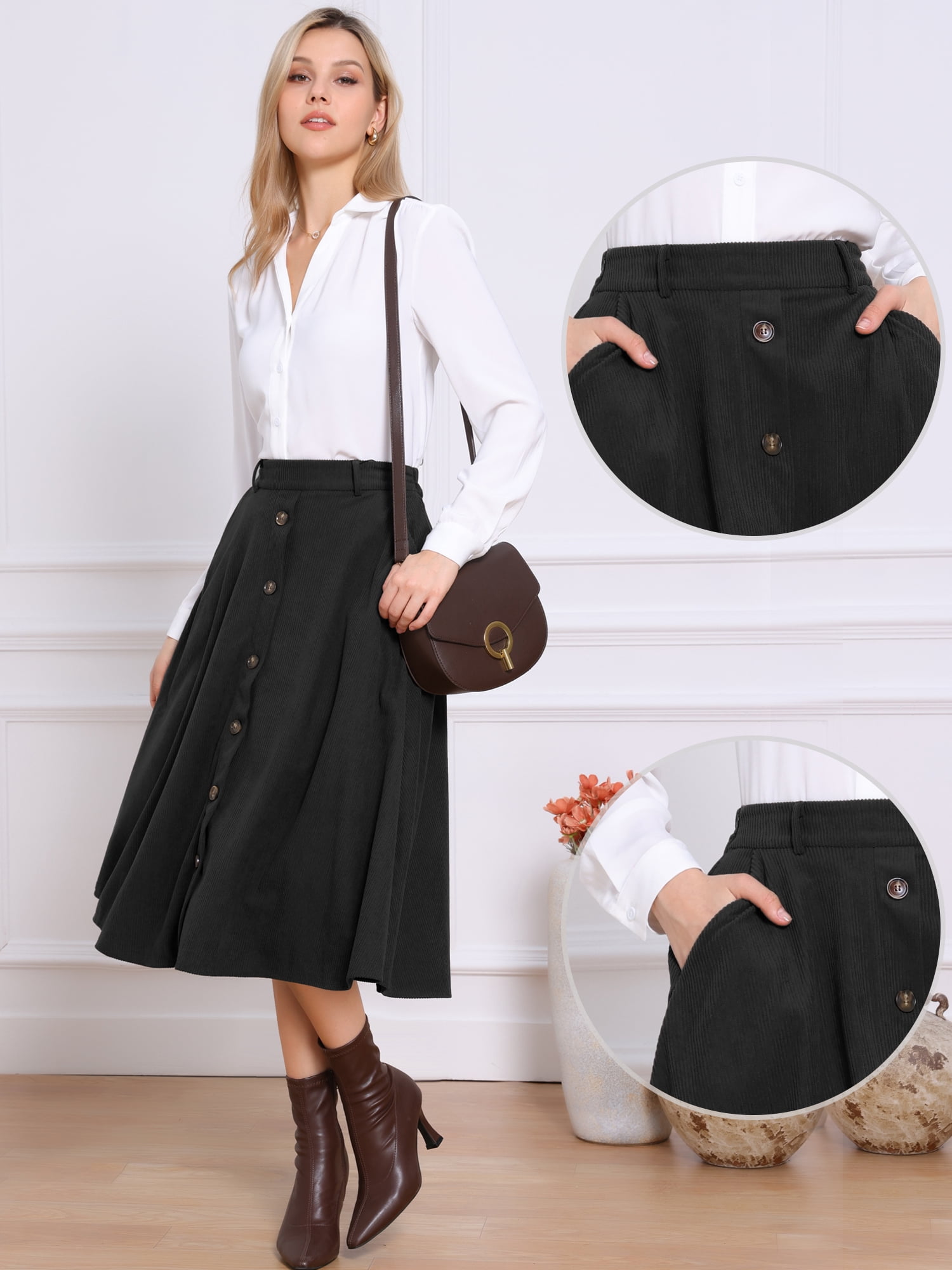 DARING DIVA Women's High Waist A Line Midi Skirts with Pockets XS Black