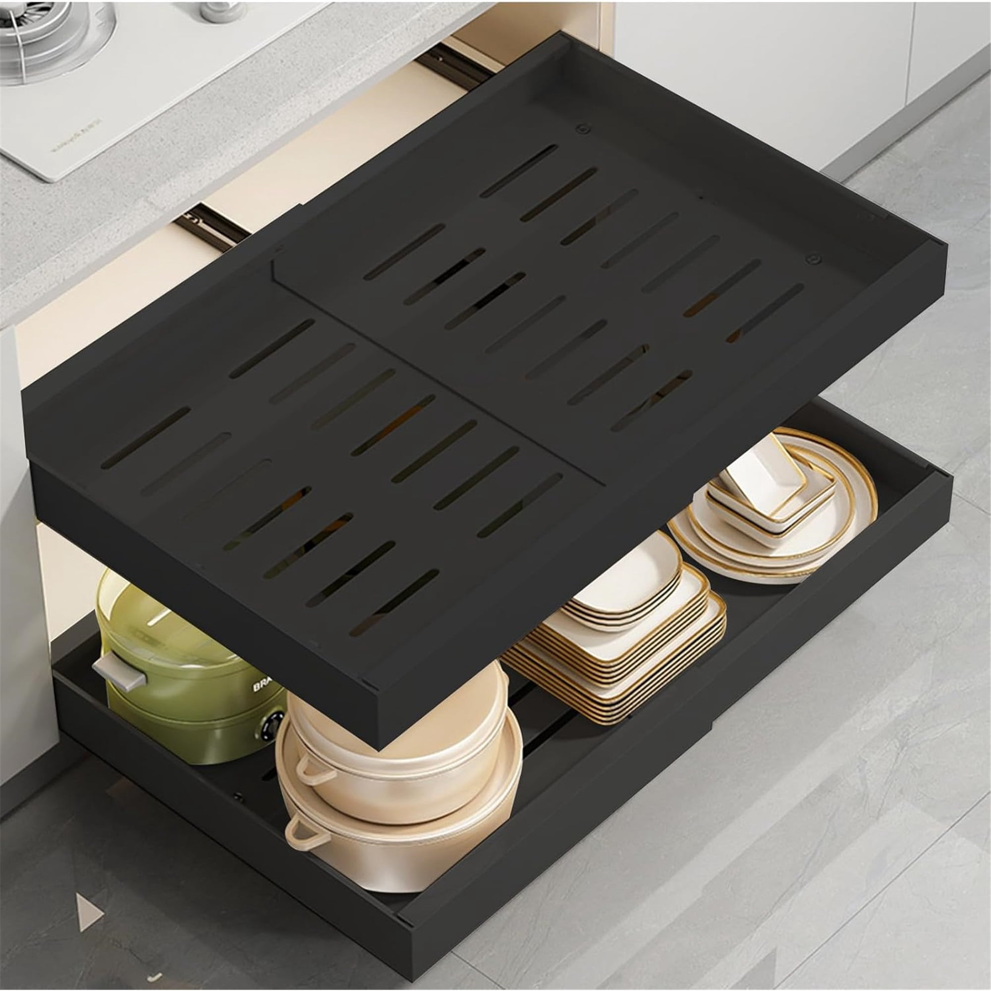 Pull out Cabinet Organizer, Expandable(12.6"-20.5") Pull Out Drawers for Cabinets with Adhesive Nano Film for Pots, Roll out Shelf Storage for Kitchen Base Cabinet Organization,Black