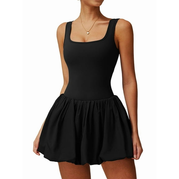Womens Bubble Tennis Dress Squre Neck Sleeveless Workout Golf Athletic Dresses Build in Shorts with Pockets