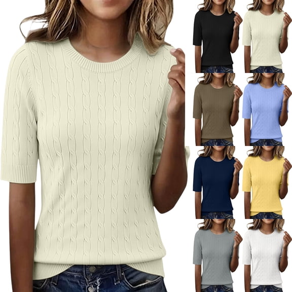Delayuji Women's Short Sleeve Knitted T-Shirt Fashion Solid Color Crew Neck Elegant Lightweight Pullover Top Spring Summer Outfit