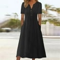 thumbnail image 2 of QQAMB Dress for Women V-Neck Button Short Sleeve Solid Color Cotton Linen Midi Dress Ladies Flowy Long Dress Black 2XL, 2 of 5