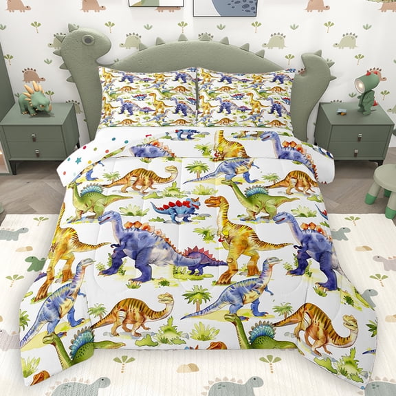 Homewish Cartoon Dinosaur Print Bedding Comforter Set, Tropical Coconut Tree Twin Comforter Sets, Teens Kids Boys Girls Reversible Bedding Set, Ultra Soft Bedroom Decor, 2pcs