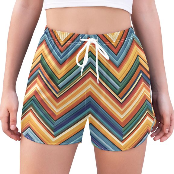FORMRS Womens Swim Shorts Mesh Liner Quick Dry Casual Beach Board Bottom with Pockets, Sizes S-2XL, Orange Geometric