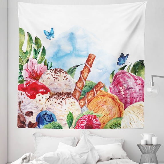 Tropical Tapestry, Flowers and Butterflies with Ice Cream Berry Sauce and Chocolate Dessert Summer, Fabric Wall Hanging Decor for Bedroom Living Room Dorm, 5 Sizes, Multicolor, by Ambesonne