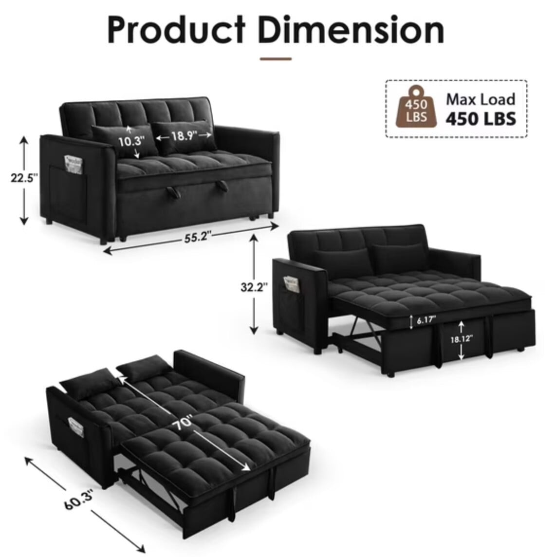 avobird 3 in 1 Convertible Sleeper Futon Sofa Bed, 55" Pull Out Sofa Bed with Storage Pocket/Side Pocket/2 Pillows for Living Room, Black