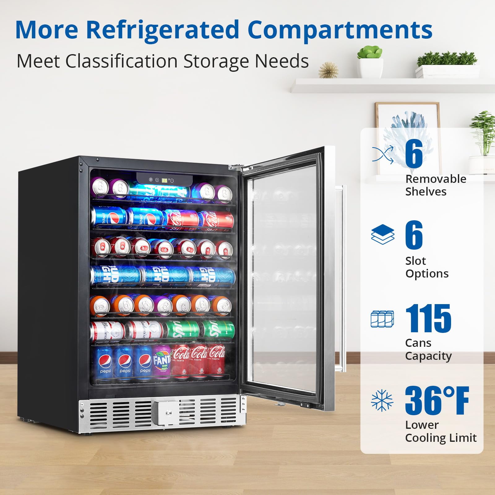 Luku 24 Inch Beverage Refrigerator, 5.1 Cu.Ft Beverage Fridge, 166 Cans Capacity Drink Fridge with 36～60°F Adjustable Digital Temperature Control Compressor and Safety Lock