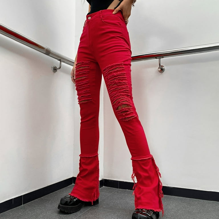 RYRJJ Women Skinny Bell Bottom Jeans Button High Waist Ripped Flared Jean  Destroyed Raw Hem Flare Denim Pants(Red,XS) 