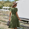 thumbnail image 5 of Summer Dresses for Women Maxi Dress V-Neck Solid Color Waist Dress Round Neck Casual Holiday Style Large Swing Skirt, 5 of 6