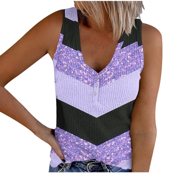 DeHolifer Summer Tank Tops for Women V-Neck Ribbed Sleeveless Shirts Color Block Button Up Blouse Casual T-Shirt Purple XL