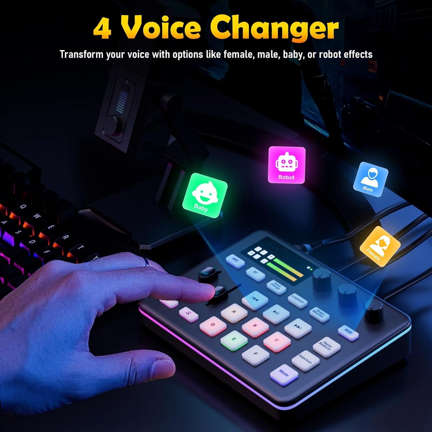 Audio Mixer, Live Sound Card, Voice Changer Kit with RGB Audio Interface,Pro-preamp, Bluetooth Streaming PC Mixer with XLR/48V Phantom Power for Live Streaming,Podcasting,Content Create,Gaming(Black)