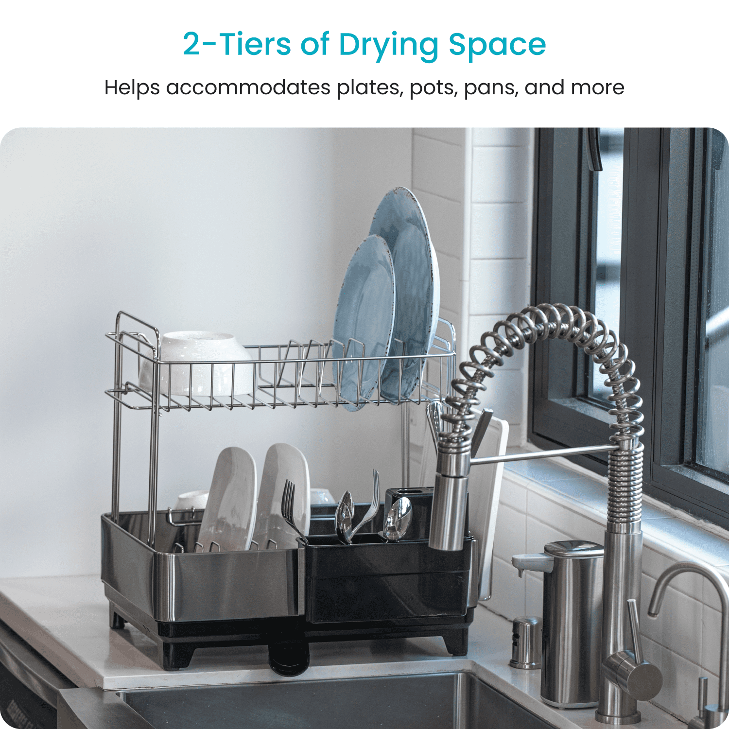 Home Zone Living Stainless Steel Dish Drying Rack with Side Racks and Drain Pipe, 2-Tier